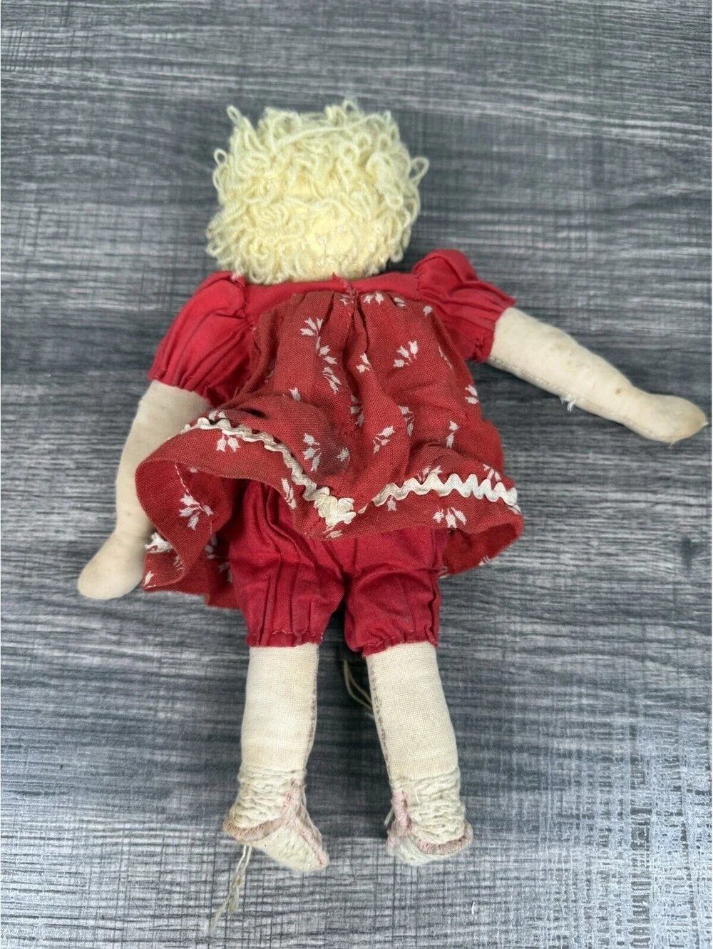 Vintage Handmade Cloth Rag Doll 8.5” Red Dress Yarn Hair Primitive Folk Art Toy